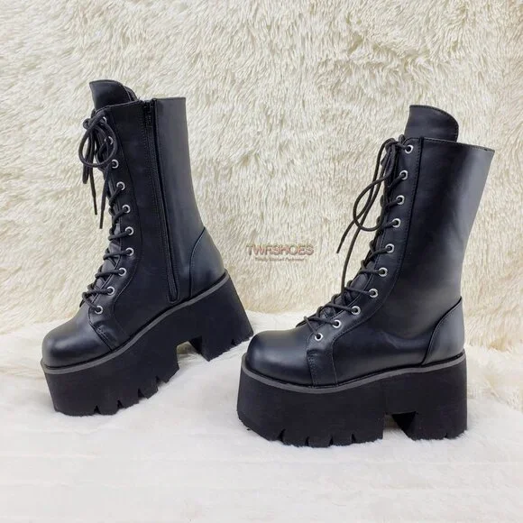 Ashes Black Matte Platform Goth Punk Mid Calf Combat Boots - Picture 13 of 14